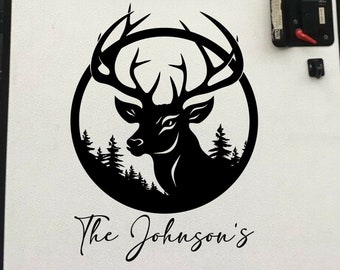 Deer Vinyl decal, Buck with antlers, RV camper decal, forest vinyl decal, personalized last name decal