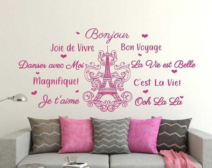 Eiffel tower wall decal, Bonjour wall decal, paris wall art, paris wall decor, eiffel tower decal, french sayings, paris room decor,