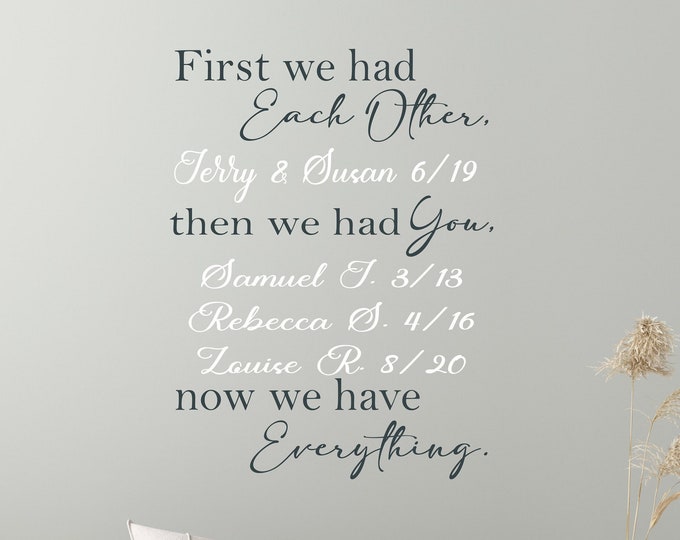 Custom wall decal for photo wall - First we had each other, then we had you, now we have everything, personalized name wall decor