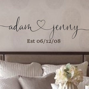 Couples wall decal, name heart name sign, couples name sign, couples name art, bedroom wall decal, master bedroom decal, established date