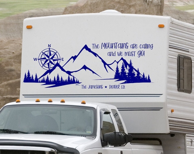 The mountains are calling RV camper decal with compass and customized with last name and city, state.