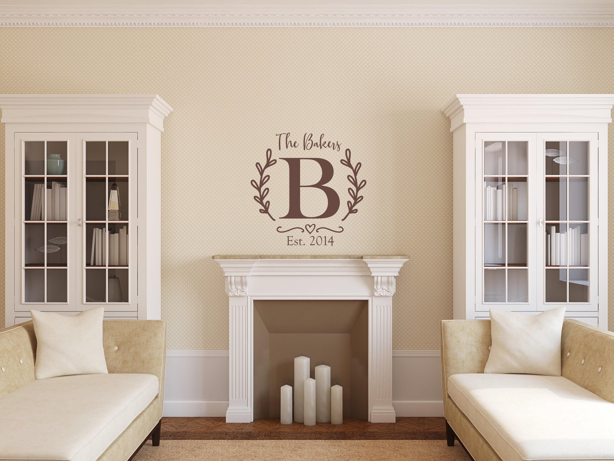 Bedroom wall decal Established date with last name and Initial Personalised wall decal monogram Living room wall decal