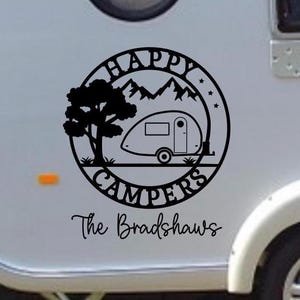 Personalized rv decal, last name decal for rv, happy campers, camper decor, motorhome decal