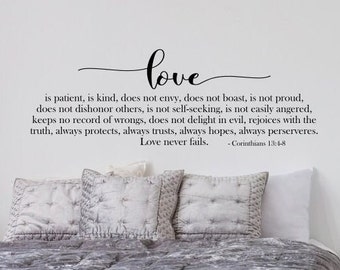 Love is patient, love is kind, Corinthians 13 4-8 // bible verse wall art vinyl decal, scripture decor,  above bed wall art decal