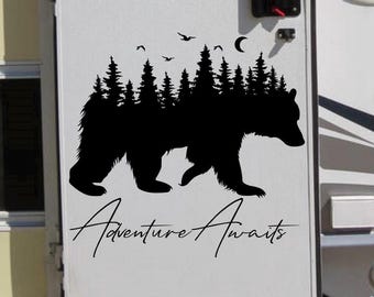 Bear Nature RV decal with last name, personalized decal, bear forest decal, camper decal, Adventure awaits, Wanderlust,