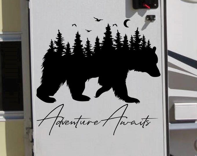 Bear Nature RV decal with last name, personalized decal, bear forest decal, camper decal, Adventure awaits, Wanderlust,