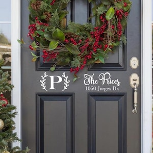 Calcomanía con monograma de apellido para puerta de entrada, calcomanía de vinilo para puerta, calcomanía para entrada, calcomanía para vestíbulo, letras de vinilo para puerta, calcomanía para puerta con dirección