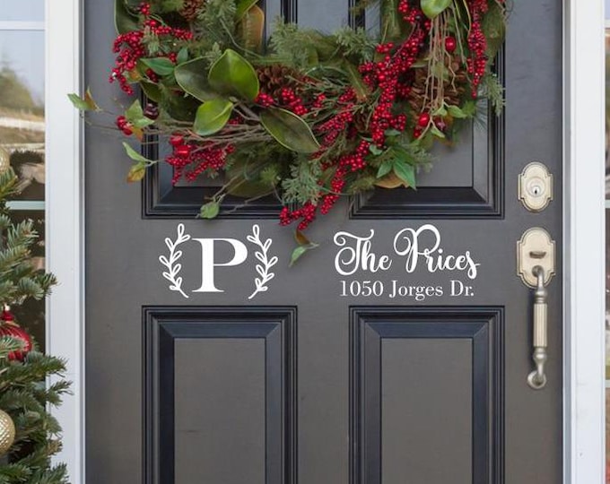 front door last name monogram decal, door vinyl decal, entryway decal, mudroom decal, door vinyl lettering, address door decal