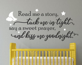 Nursery wall art, moon and stars wall decal, nursery quote // Read me a story, tuck me in tight, nursery wall decor, baby shower gift