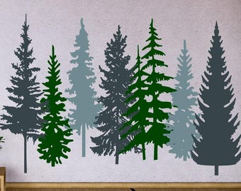 Pine Tree Wall Decals: Woodland Forest Vinyl Decor, Set of 7
