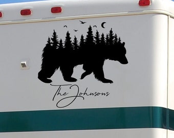 Bear Nature RV decal with last name, personalized decal, bear forest decal, camper decal, Adventure awaits, Wanderlust,