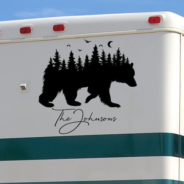 Bear Nature RV decal with last name, personalized decal, bear forest decal, camper decal, Adventure awaits, Wanderlust,