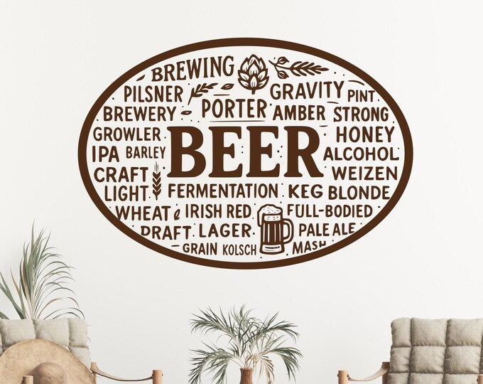 Beer wall decal, beer wall art, bar wall art, types of beer decal, bar wall decor, man cave