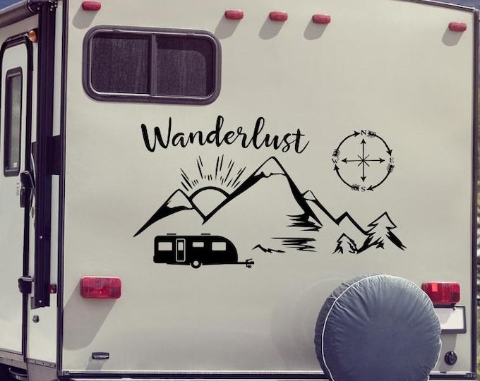 Wanderlust rv decal, camper decal, happy camper, rv vinyl decal, rv travel decal