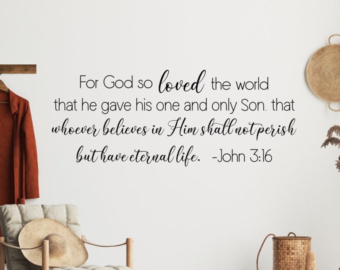 John 3:16 Scripture wall decal, bible wall art, bible verse decal, church decor, Christian Home decor