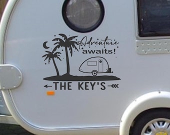 Personalized RV Decal: Adventure Awaits, Palm Trees
