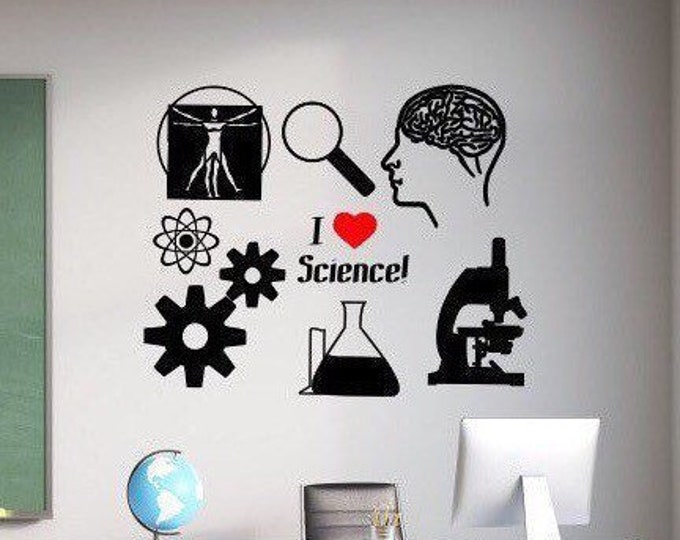 I love Science vinyl wall decal for classroom// science lover gift