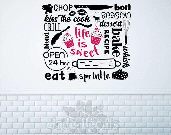 bakery wall decal, Life is sweet, cupcake decal, bakery sign, cupcake decor, baking wall art