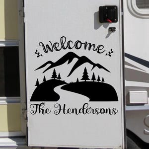 Welcome to our camper rv door decal, travel trailer decor, welcome rv decal, rv family name decal, welcome camper decal, custom rv decal