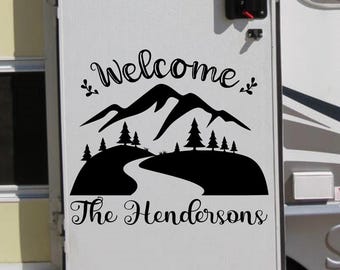 Welcome to our camper rv door decal, travel trailer decor, welcome rv decal, rv family name decal, welcome camper decal, custom rv decal