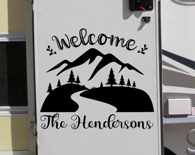 Welcome to our camper rv door decal, travel trailer decor, welcome rv decal, rv family name decal, welcome camper decal, custom rv decal