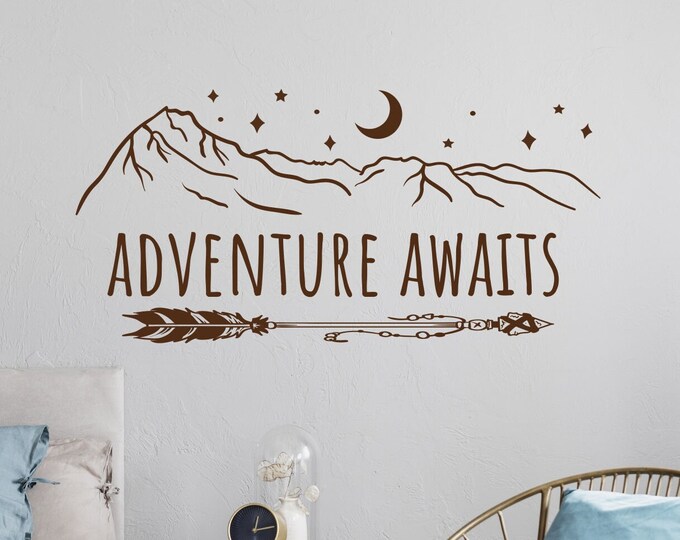 Adventure Awaits boho arrow rv decal with mountains, moon and stars, bumper sticker, boho wall art, wander woman