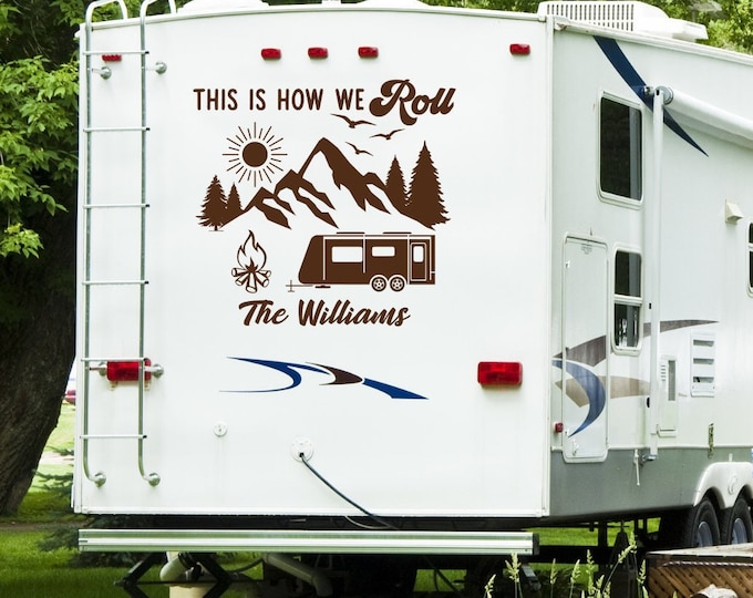 Personalized RV Decal: Mountain Scene Camper Vinyl Decal