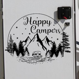Happy campers rv decal with mountains and trees personalized with your camper type, round rv decal, circle rv decal