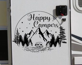 Happy campers rv decal with mountains and trees personalized with your camper type, round rv decal, circle rv decal