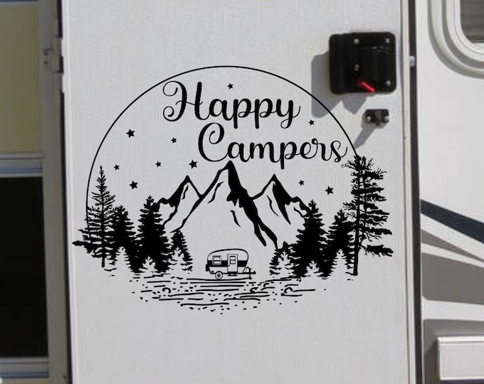 Happy campers rv decal with mountains and trees personalized with your camper type, round rv decal, circle rv decal