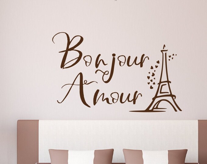 Paris eiffel tower wall art hello love Bonjour amour vinyl decal // wall decal home decor paris wall art romantic bedroom decor