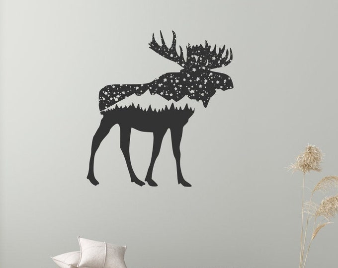 Moose wall decal, moose with trees and stars, bull moose decal, moose wall decor, moose wall art, mountain decal,