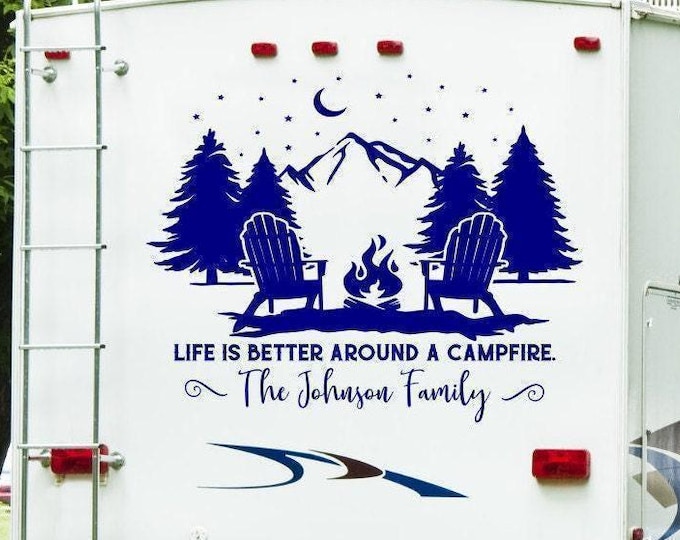 Personalized RV Camper Decal, Mountain Scene Custom Vinyl Name - Camping Decor - Outdoor Adventure Sign