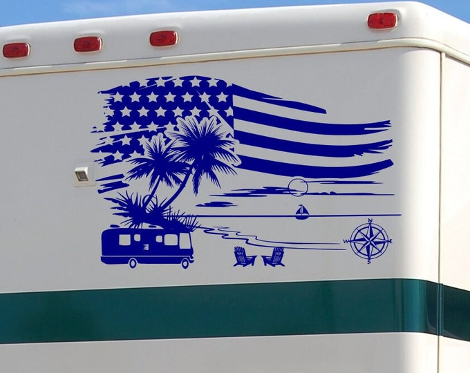 Patriotic beach rv camper decal with flag and personalized with trailer or motorhome type