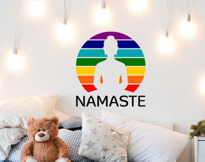 Namaste buddha chakra rainbow wall decal, colorful yoga decor, meditation room, sacred space, yoga studio decal