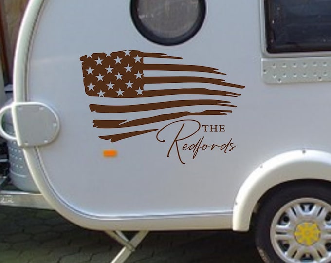 American flag RV vinyl decal, personalized gift, last name camper decor, flag decor, USA flag, distressed flag, gift for rver