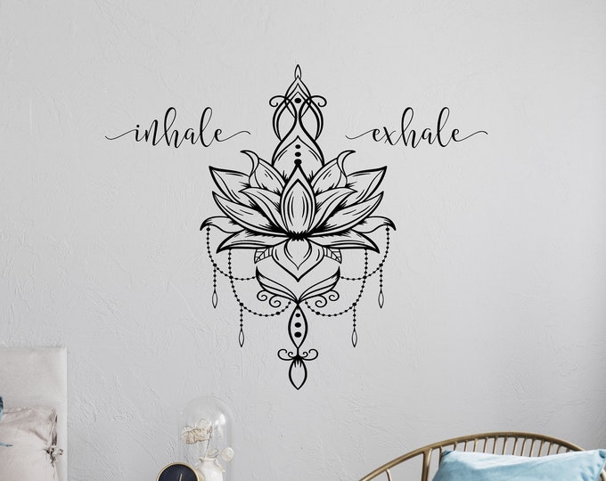 Inhale exhale wall art, lotus flower decor, lotus mandala, wall decal, Inhale Exhale decal, breathe wall decal, yoga wall art, lotus decal