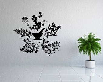 Herb wall decal, mortar and pestle, Apothecary wall decal, herbs decal, herb wall art