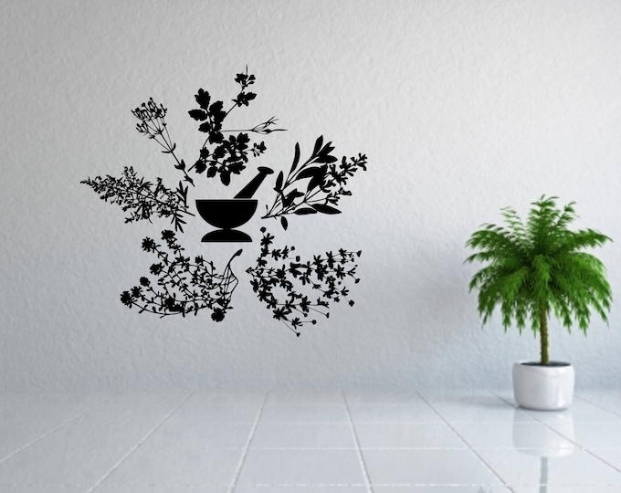 Herb wall decal, mortar and pestle, Apothecary wall decal, herbs decal, herb wall art