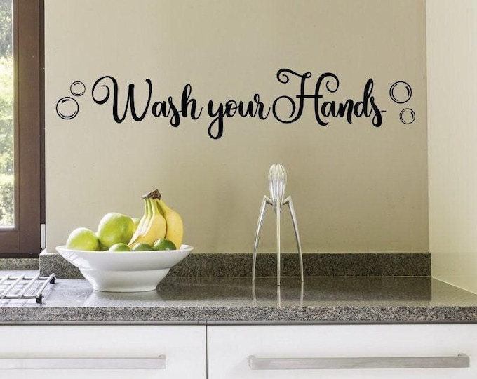Wash Your Hands Sign, Bathroom Decor | Vinyl Wall Decal - Kids Bubble Mirror Sticker - Home Hygiene Reminder
