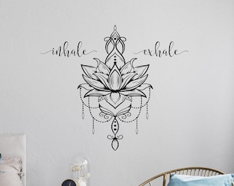 Lotus Mandala, Inhale Exhale Wall Decal - Yoga Flower Art, Home Decor | Adhesive Vinyl, Multiple Sizes, Colors