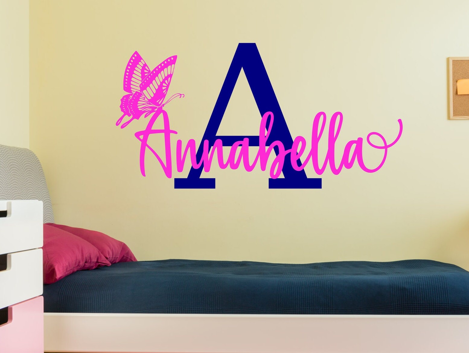 Butterfly girls name wall decor initial & name decal set butterfly