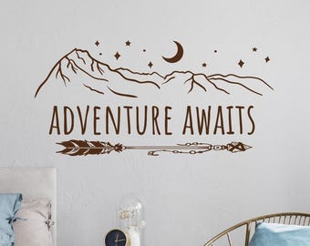 Adventure Awaits RV Decal: Boho Arrow, Mountains, Moon & Stars