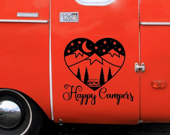 Happy Campers RV Decal: Heart-Shaped Camper Decor, Mountains & Stars