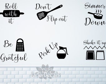 Kitchen wall decals, kitchen utensil art- Roll with it, Don't flip out, Simmer down, Be grateful, Perk up, Shake it up