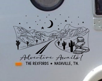 Custom Adventure Awaits RV Decal: Personalized Last Name Desert Scene