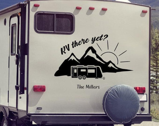 RV There Yet Decal - Personalized Camper Vinyl, Mountain Scene Motorhome Sticker - Custom Travel Trailer Graphic