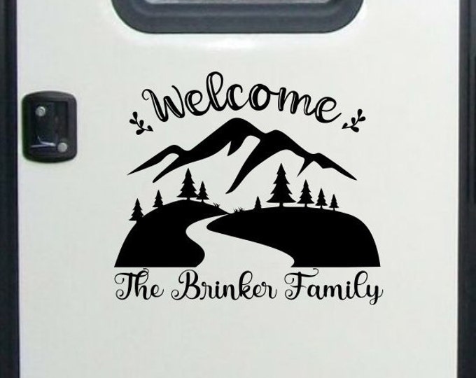 Welcome to our camper rv door decal, travel trailer decor, welcome rv decal, rv family name decal, welcome camper decal, custom rv decal