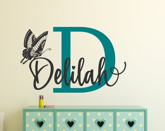 Butterfly girls name wall decor - initial & name decal set - butterfly wall decal - girls bedroom decal