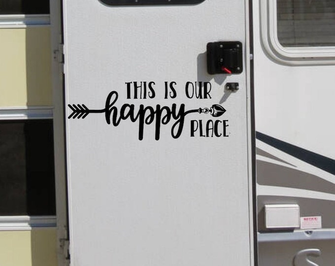 Happy place rv decal decor for camper or motorhome or travel trailer. RV door decal // This is our happy place